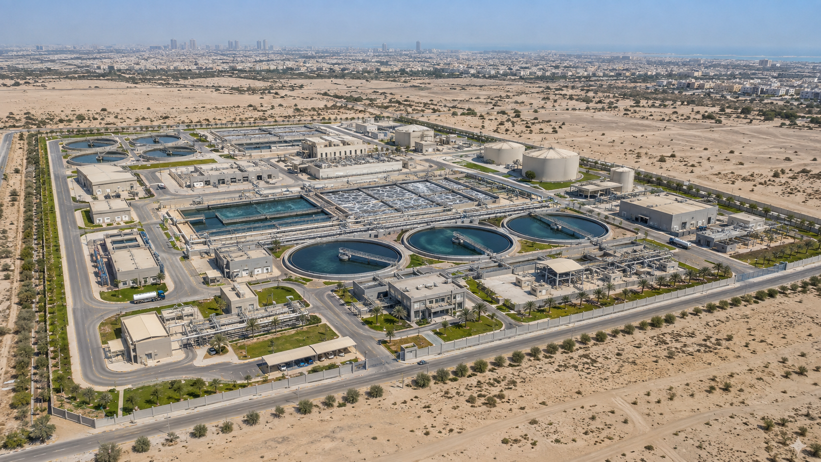 Aerial view of a complete water and wastewater treatment facility in an arid landscape